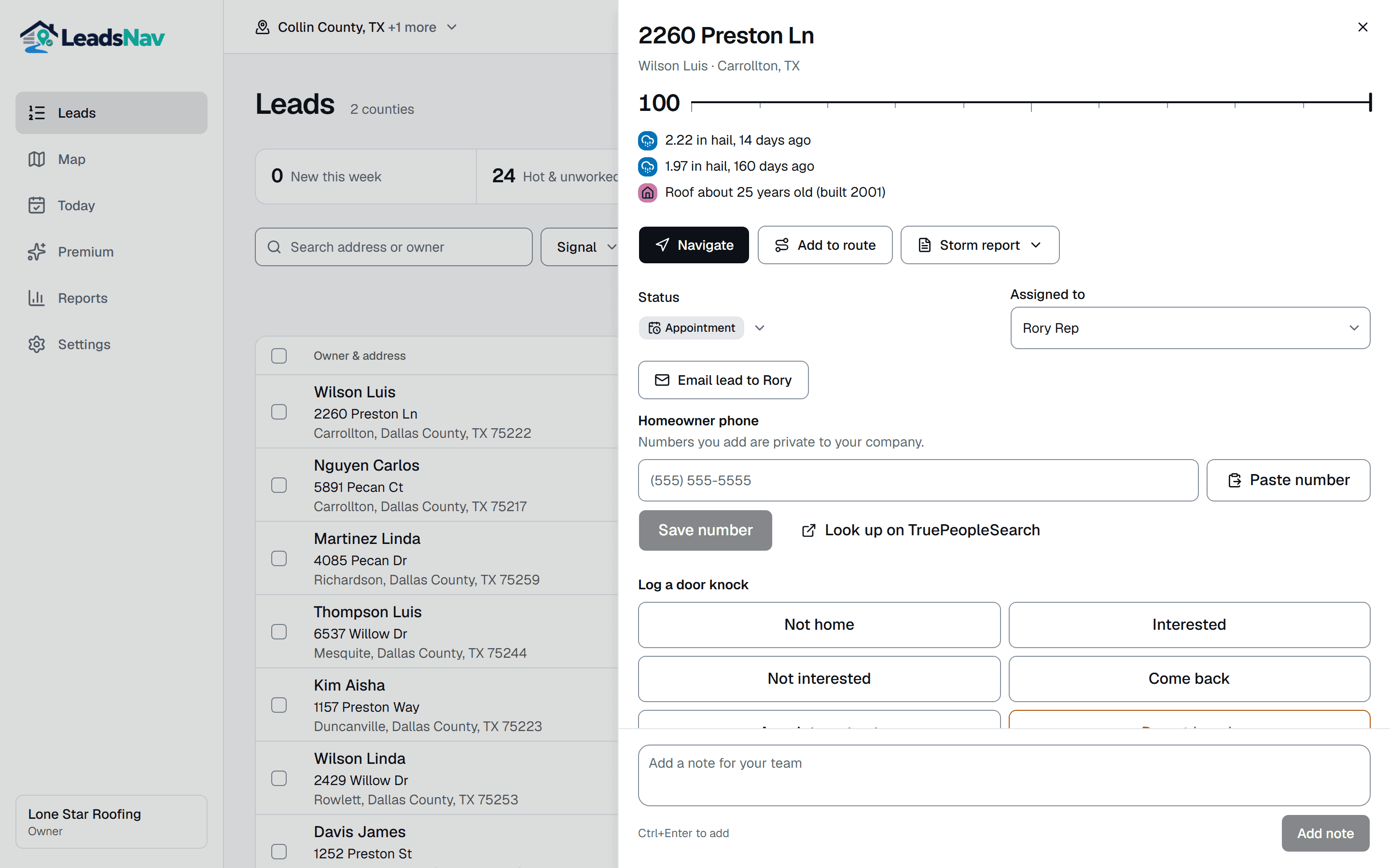 A lead's detail panel: score, reasons, navigate, status, assignee, phone and property facts