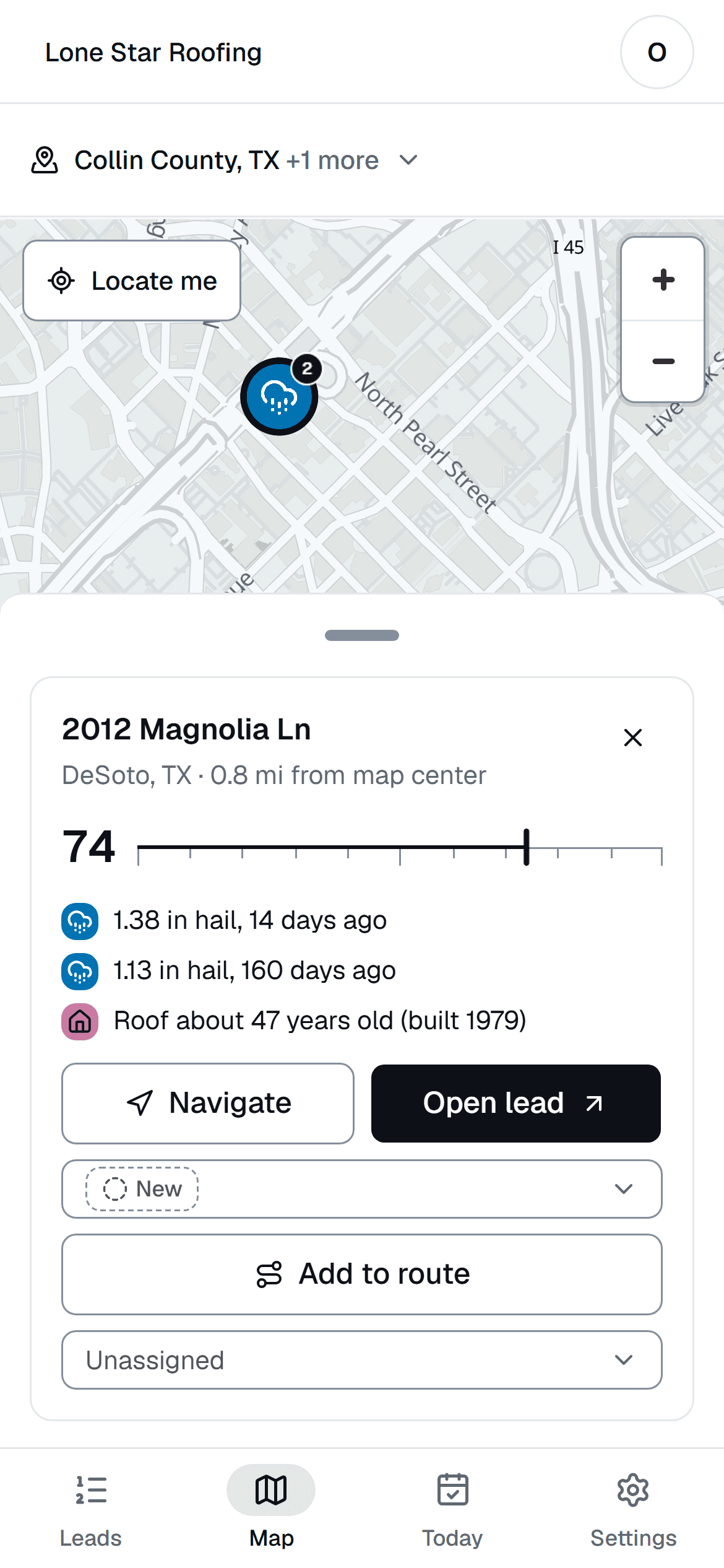 The map on a phone: lead markers over the street map and a lead card with score, reasons, Navigate and status